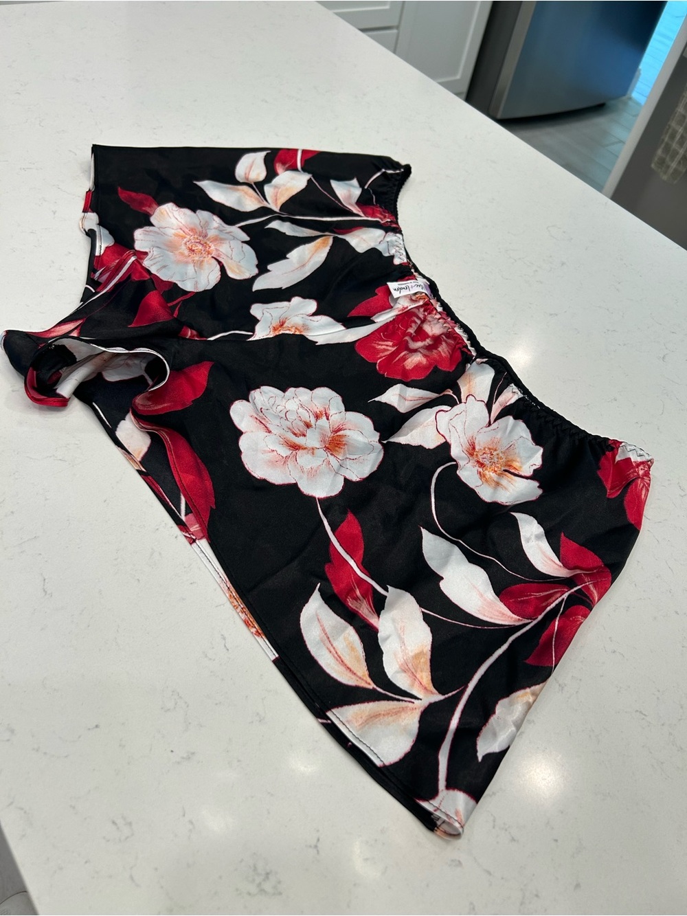 Floral Satin Sleep Shorts - Black with Red & White Bloom